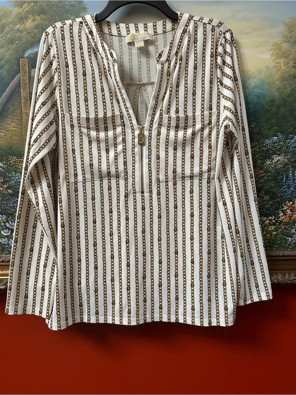 Michael Kors Zip Front Bone/Gold Long Sleeve Chain Logo Top Size Large